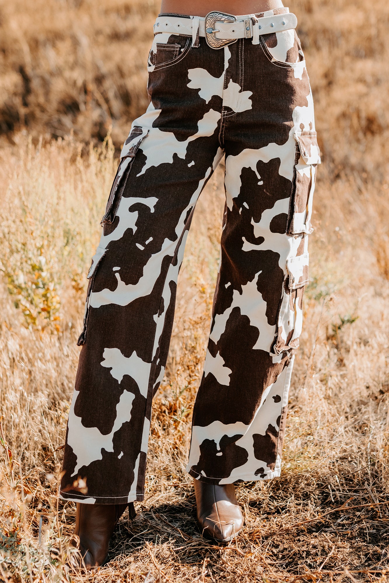Mirabel Wide Leg Cow Print Balboa Jeans (Brown) · NanaMacs