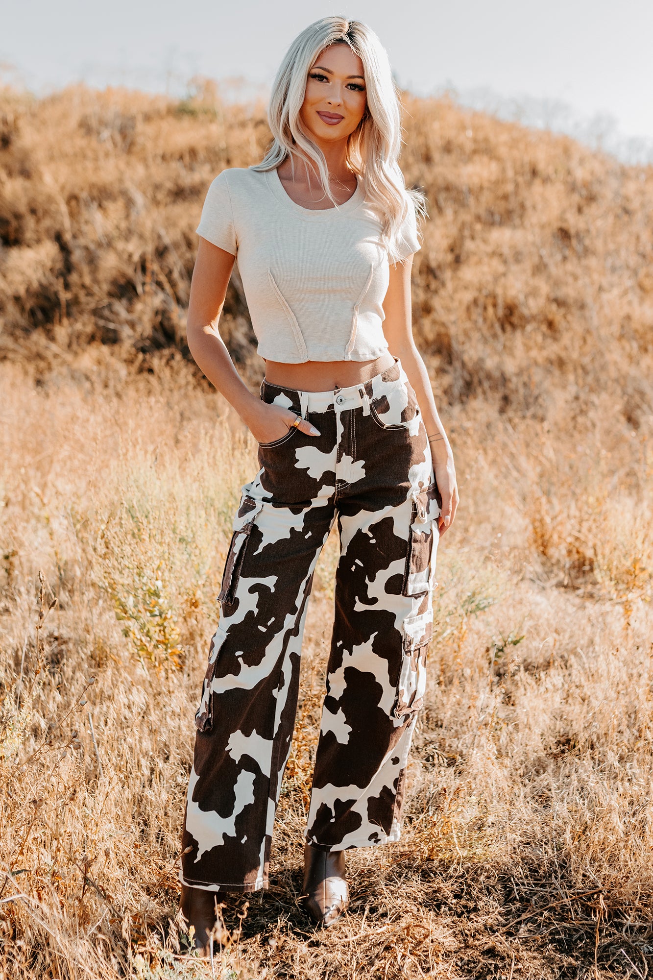 Mirabel Wide Leg Cow Print Balboa Jeans (Brown) - NanaMacs