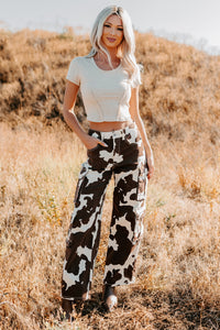 Mirabel Wide Leg Cow Print Balboa Jeans (Brown) - NanaMacs