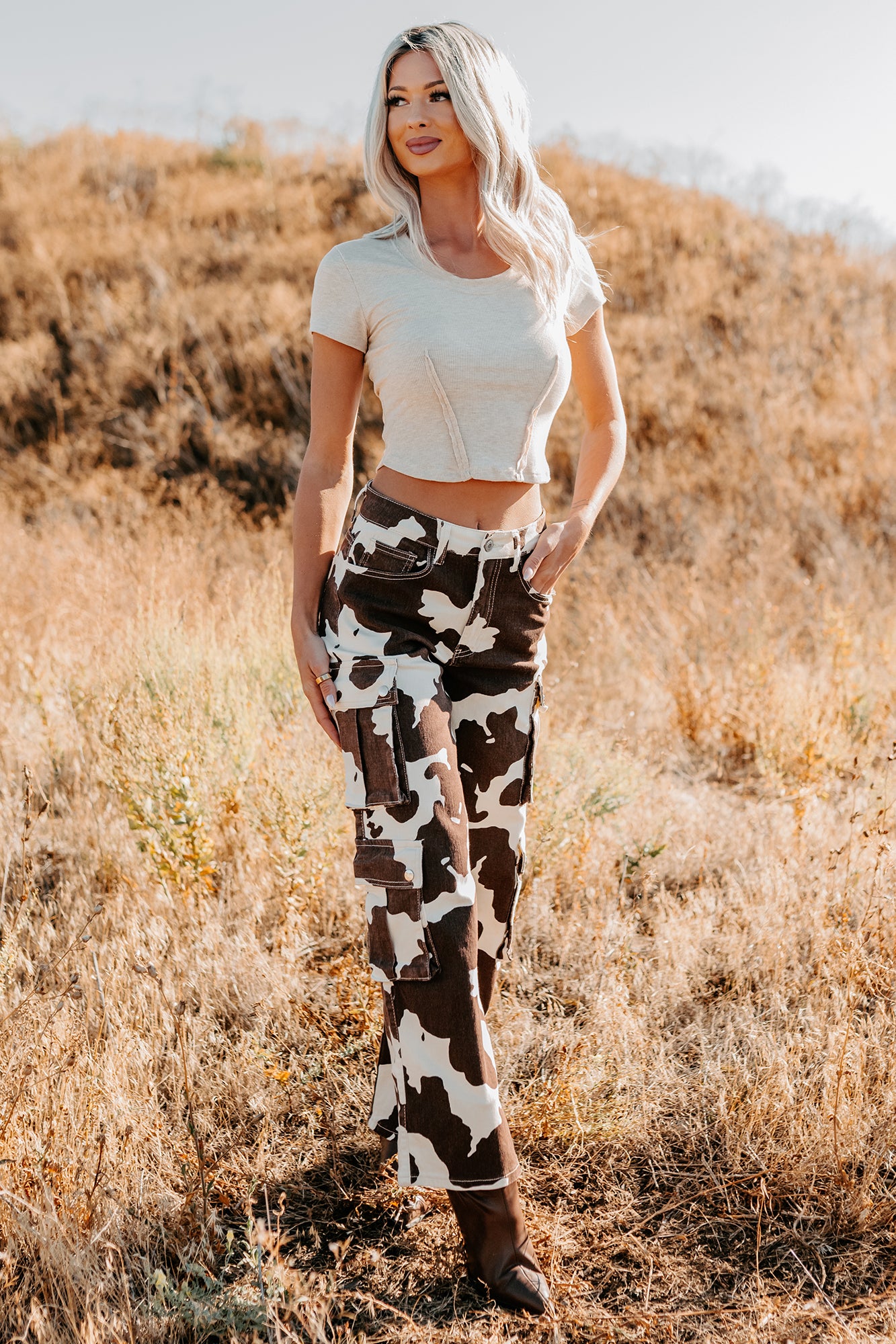 Mirabel Wide Leg Cow Print Balboa Jeans (Brown) - NanaMacs