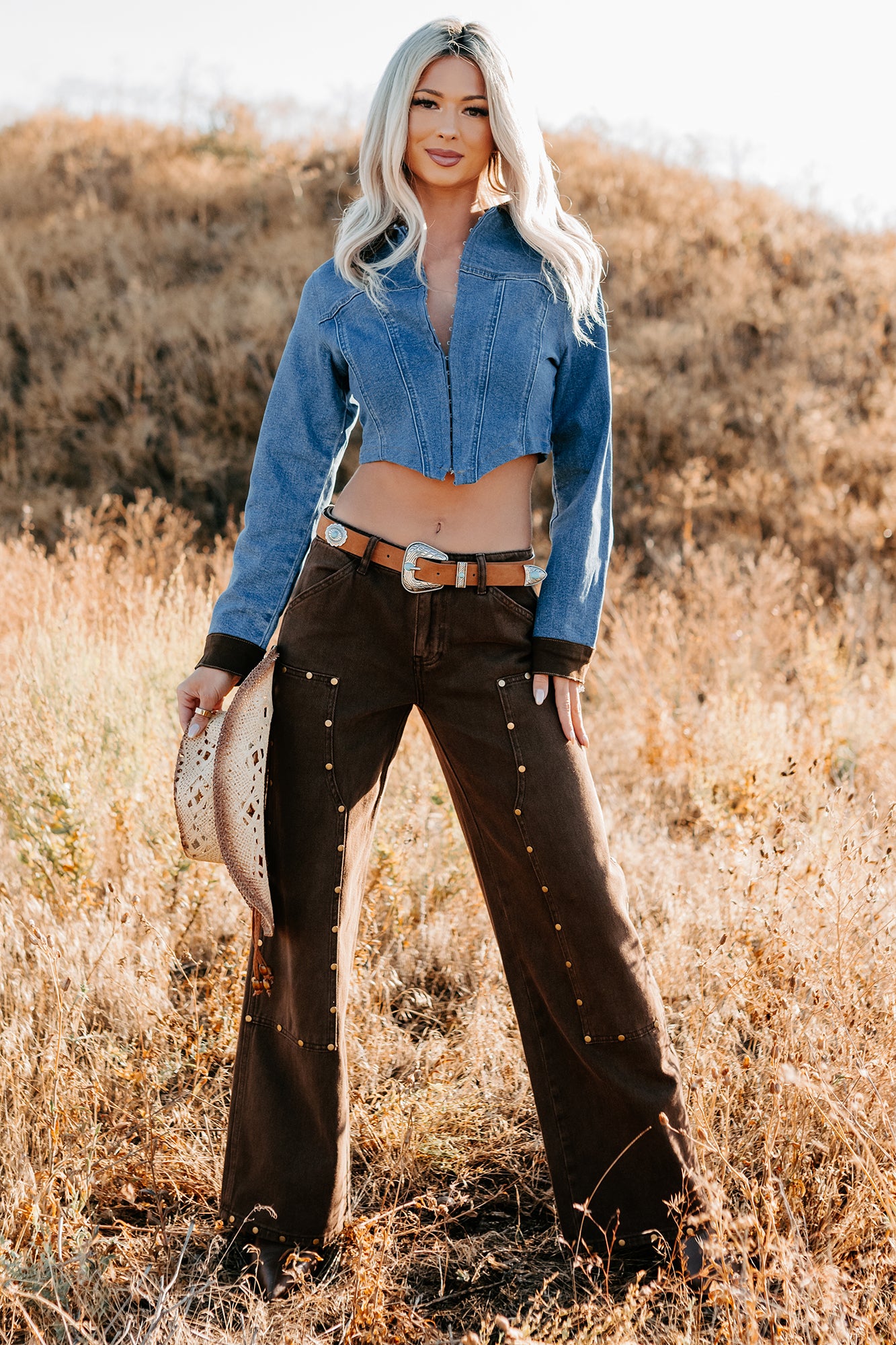 Brody Studded Wide Leg TicToc Jeans (Brown) - NanaMacs