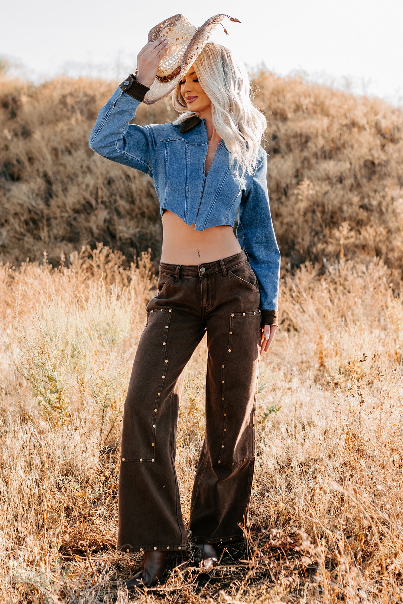 Peachy Prairie Cropped Denim Corset Jacket (Medium) - NanaMacs