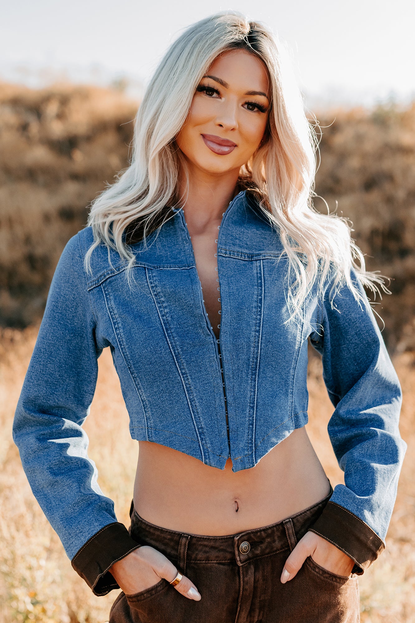 Peachy Prairie Cropped Denim Corset Jacket (Medium) - NanaMacs