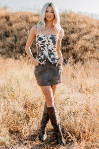 Make You Smile Strapless Denim Cow Print Top (Taupe/Brown) - NanaMacs