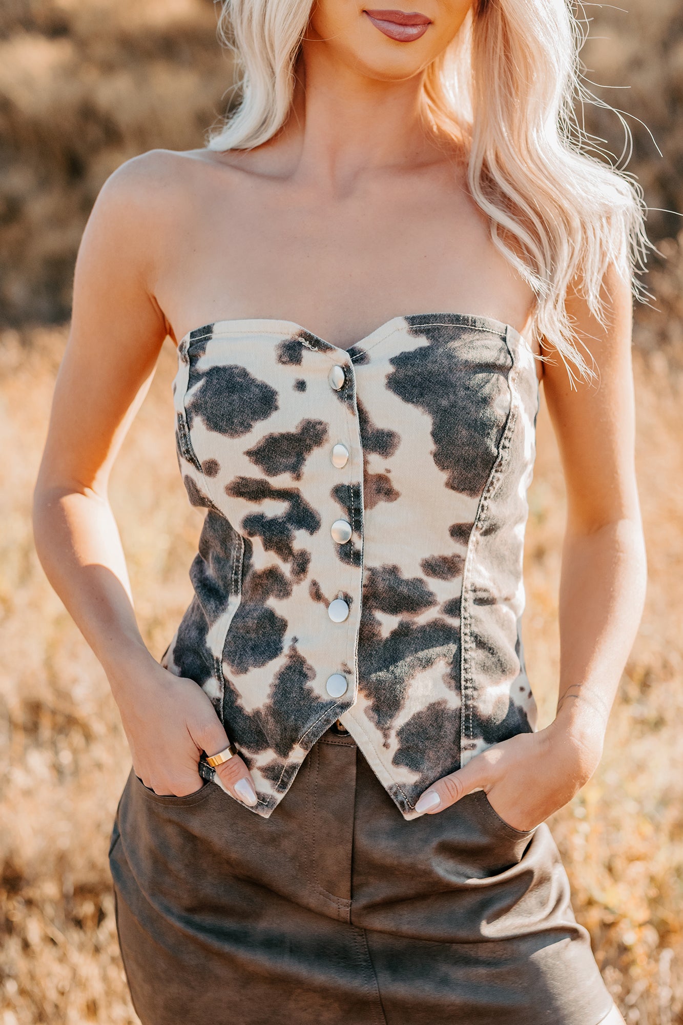 Make You Smile Strapless Denim Cow Print Top (Taupe/Brown) - NanaMacs