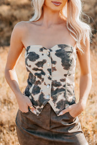 Make You Smile Strapless Denim Cow Print Top (Taupe/Brown) - NanaMacs