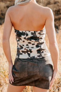 Make You Smile Strapless Denim Cow Print Top (Taupe/Brown) - NanaMacs