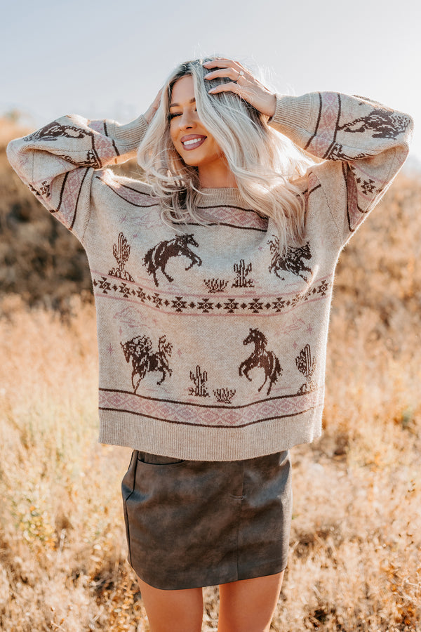 Range Romance Western Print Sweater (Taupe) - NanaMacs