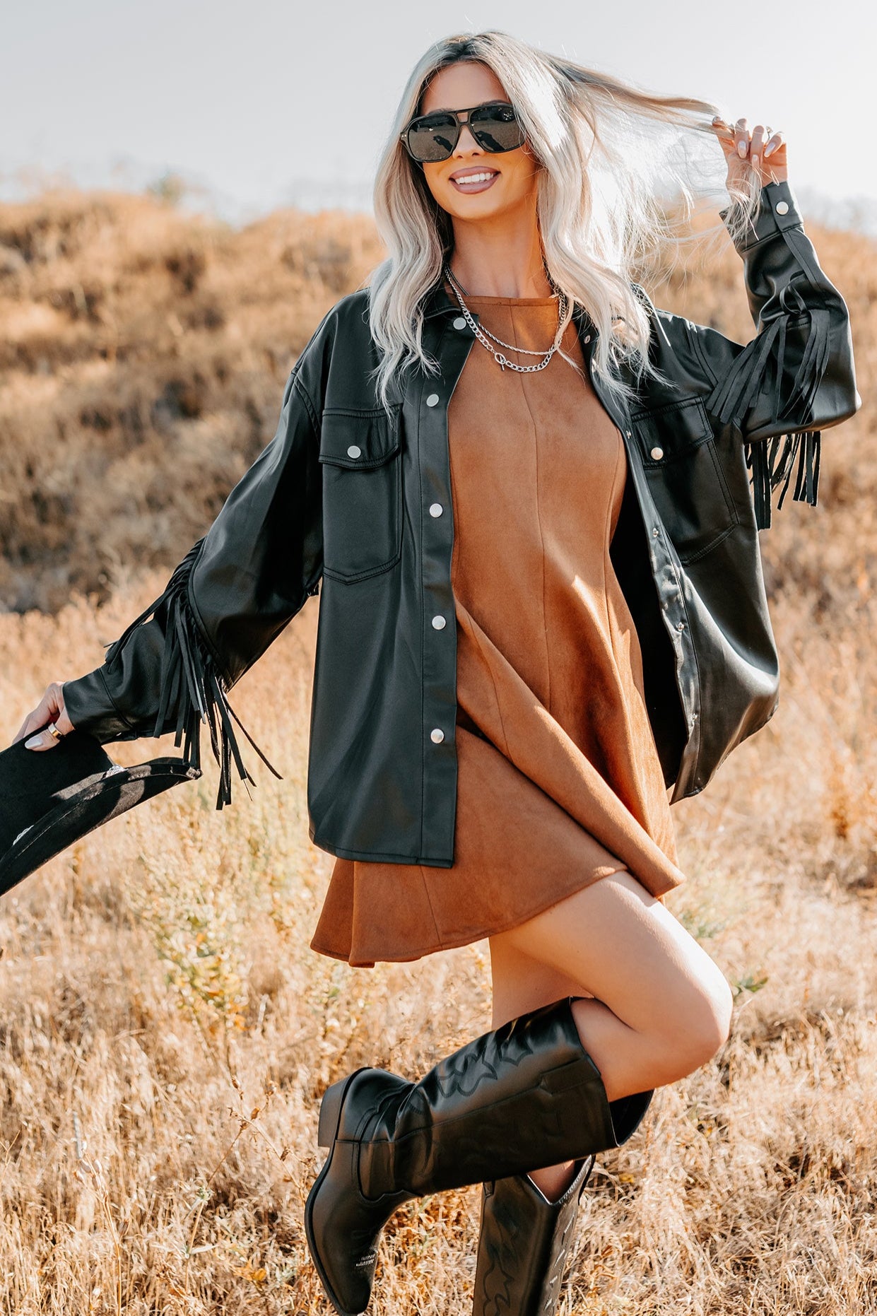 Creating Moments Faux Leather Fringe Jacket (Black) - NanaMacs