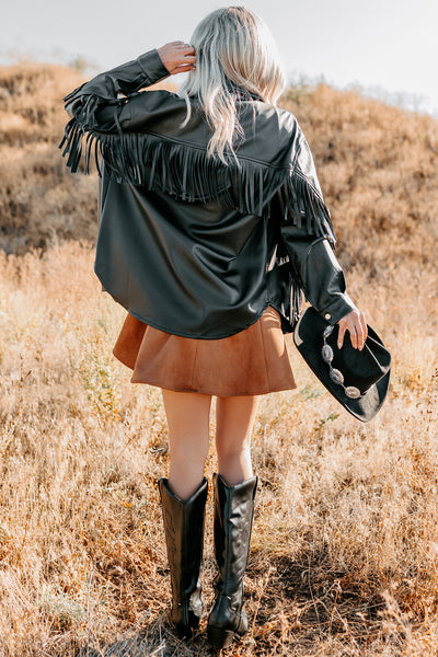 Creating Moments Faux Leather Fringe Jacket (Black) - NanaMacs