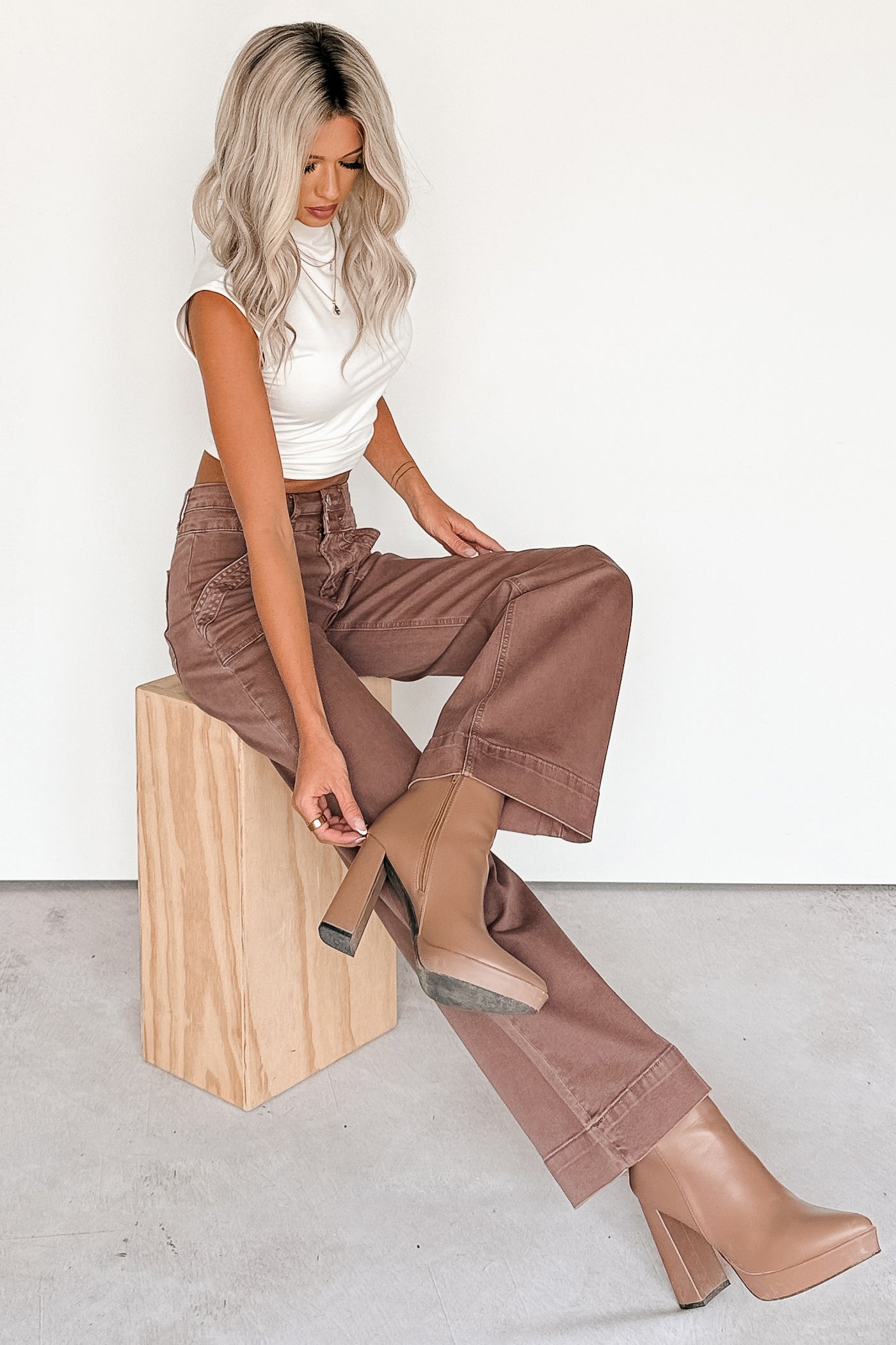 Henley Wide Leg Mica Denim Jeans (Cocoa) - NanaMacs