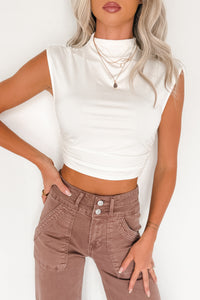 One More Kiss Cap Sleeve Mock Neck Crop Top (White) - NanaMacs