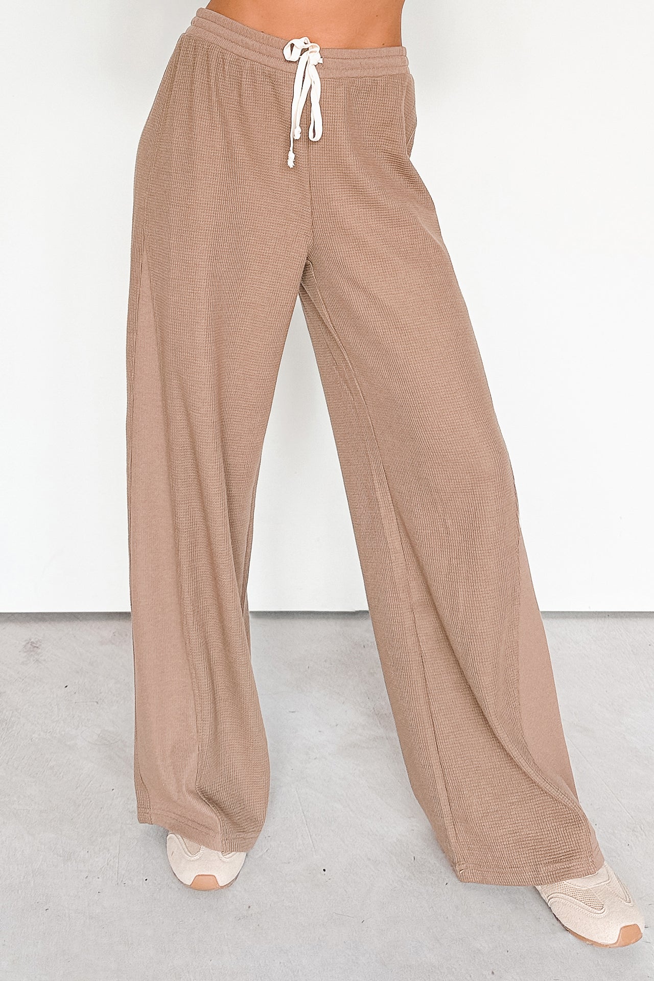 In The Daylight Contrast Tie Waffle Knit Pants (Mocha) - NanaMacs