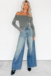 Steal The Moment Off The Shoulder Ribbed Knit Top (Charcoal) - NanaMacs