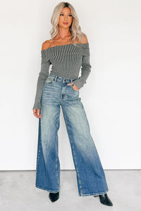 Steal The Moment Off The Shoulder Ribbed Knit Top (Charcoal) - NanaMacs