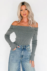 Steal The Moment Off The Shoulder Ribbed Knit Top (Charcoal) - NanaMacs