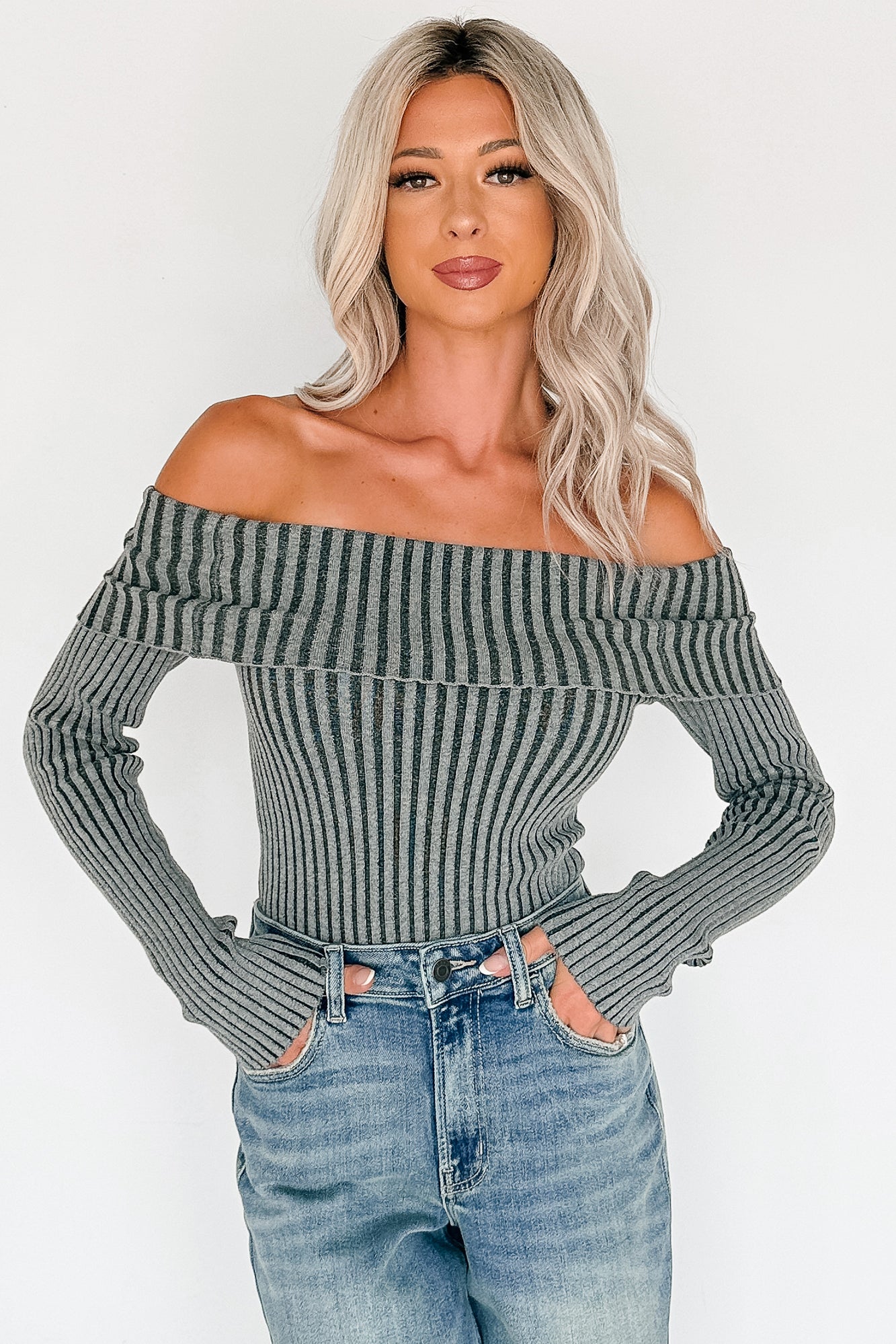 Steal The Moment Off The Shoulder Ribbed Knit Top (Charcoal) - NanaMacs