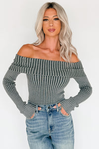 Steal The Moment Off The Shoulder Ribbed Knit Top (Charcoal) - NanaMacs