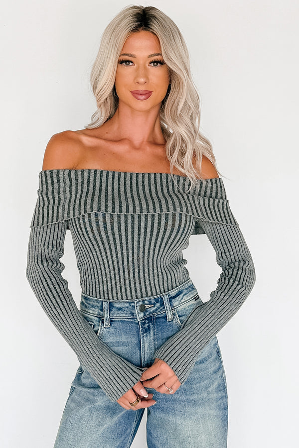 Steal The Moment Off The Shoulder Ribbed Knit Top (Charcoal) - NanaMacs
