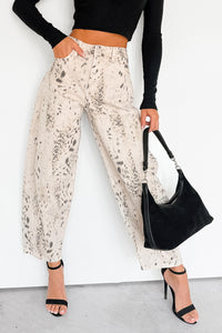 Zane High Rise Printed Barrel Kancan Jeans (Beige/Black) - NanaMacs