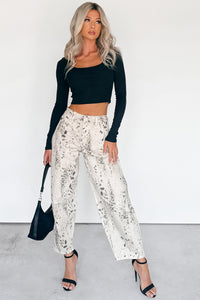 Zane High Rise Printed Barrel Kancan Jeans (Beige/Black) - NanaMacs