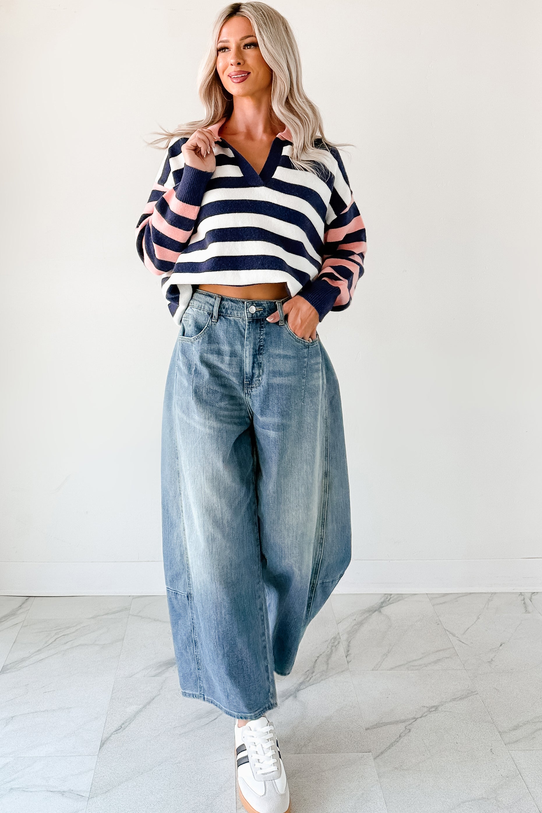 Forward Flow Striped Knit Sweater (Navy/Multi) - NanaMacs