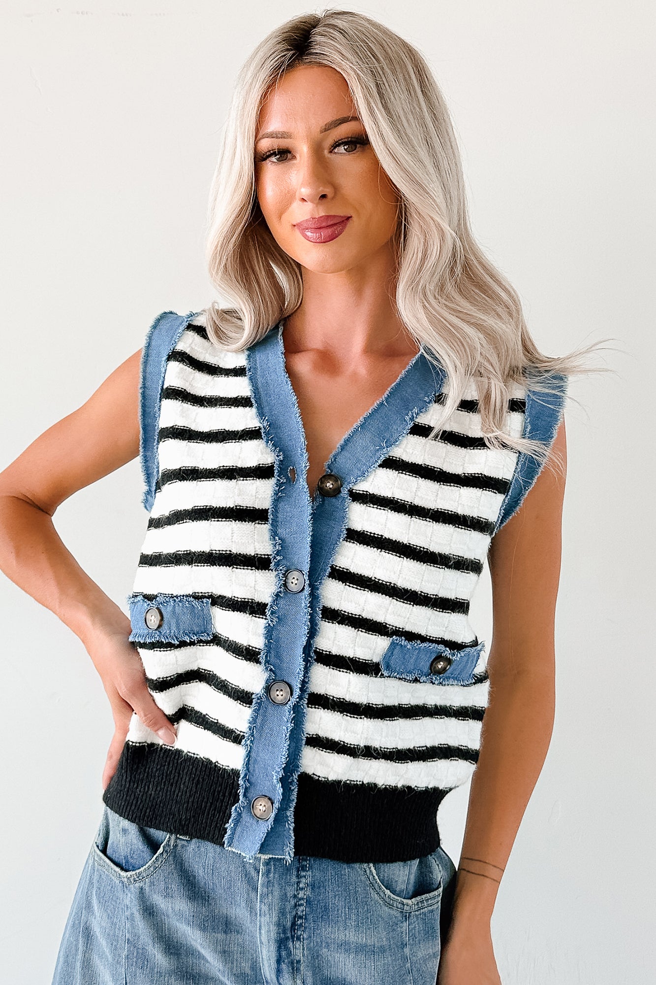 Born For Bold Striped Denim Trim Vest Top (Black/White) - NanaMacs