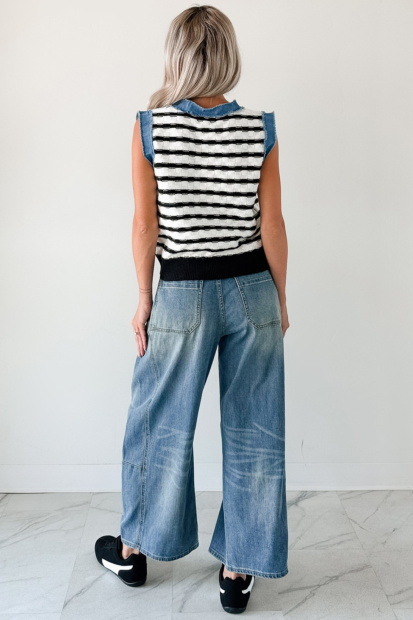 Born For Bold Striped Denim Trim Vest Top (Black/White) - NanaMacs