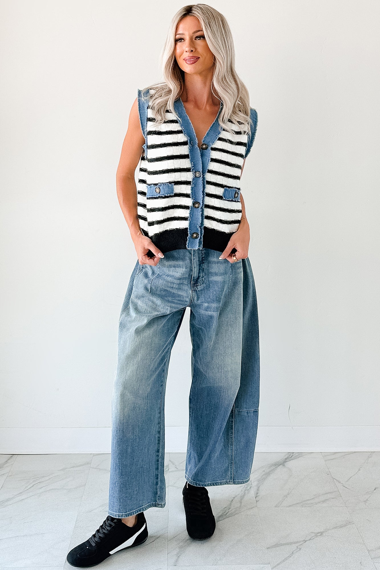Born For Bold Striped Denim Trim Vest Top (Black/White) - NanaMacs