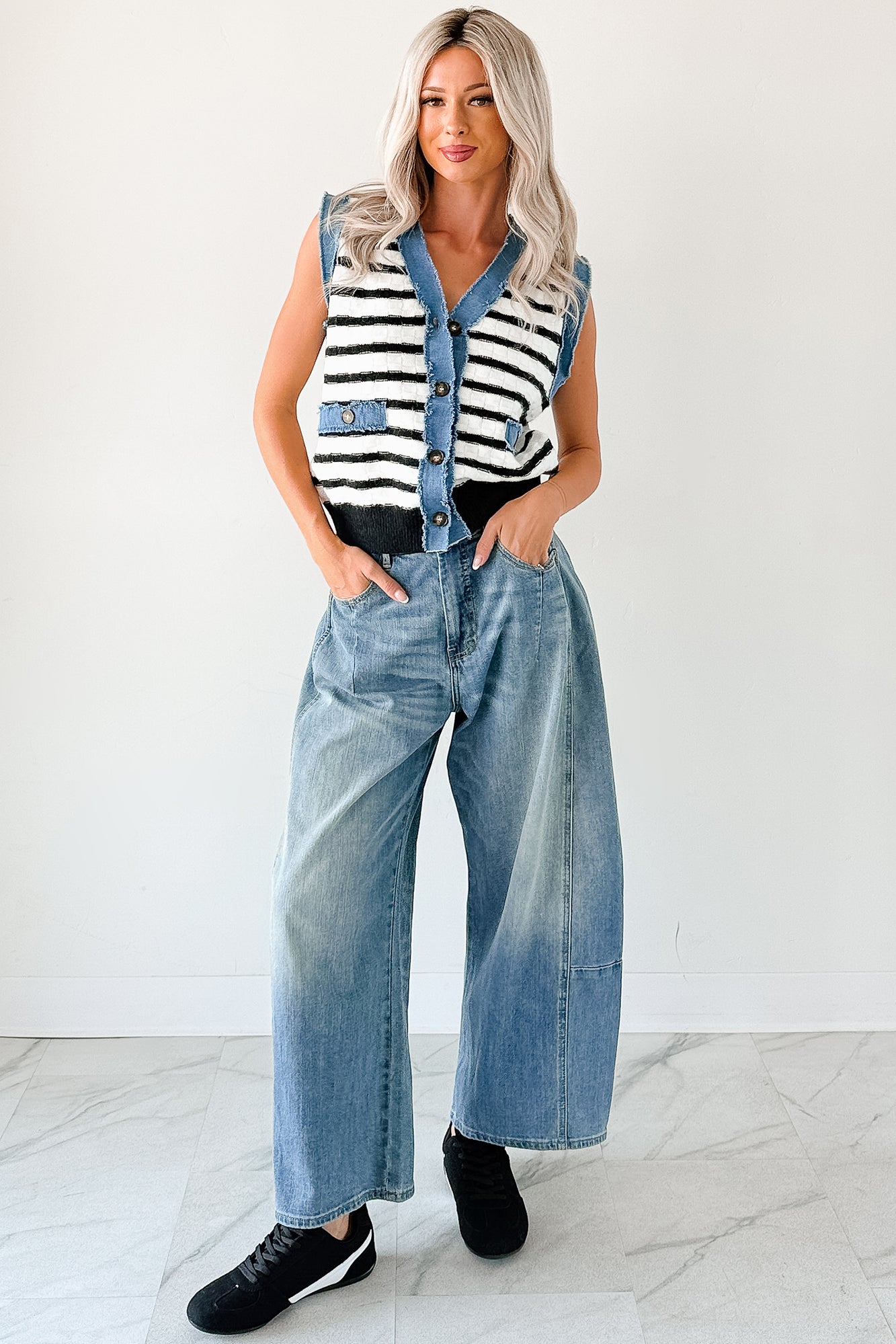Born For Bold Striped Denim Trim Vest Top (Black/White) - NanaMacs