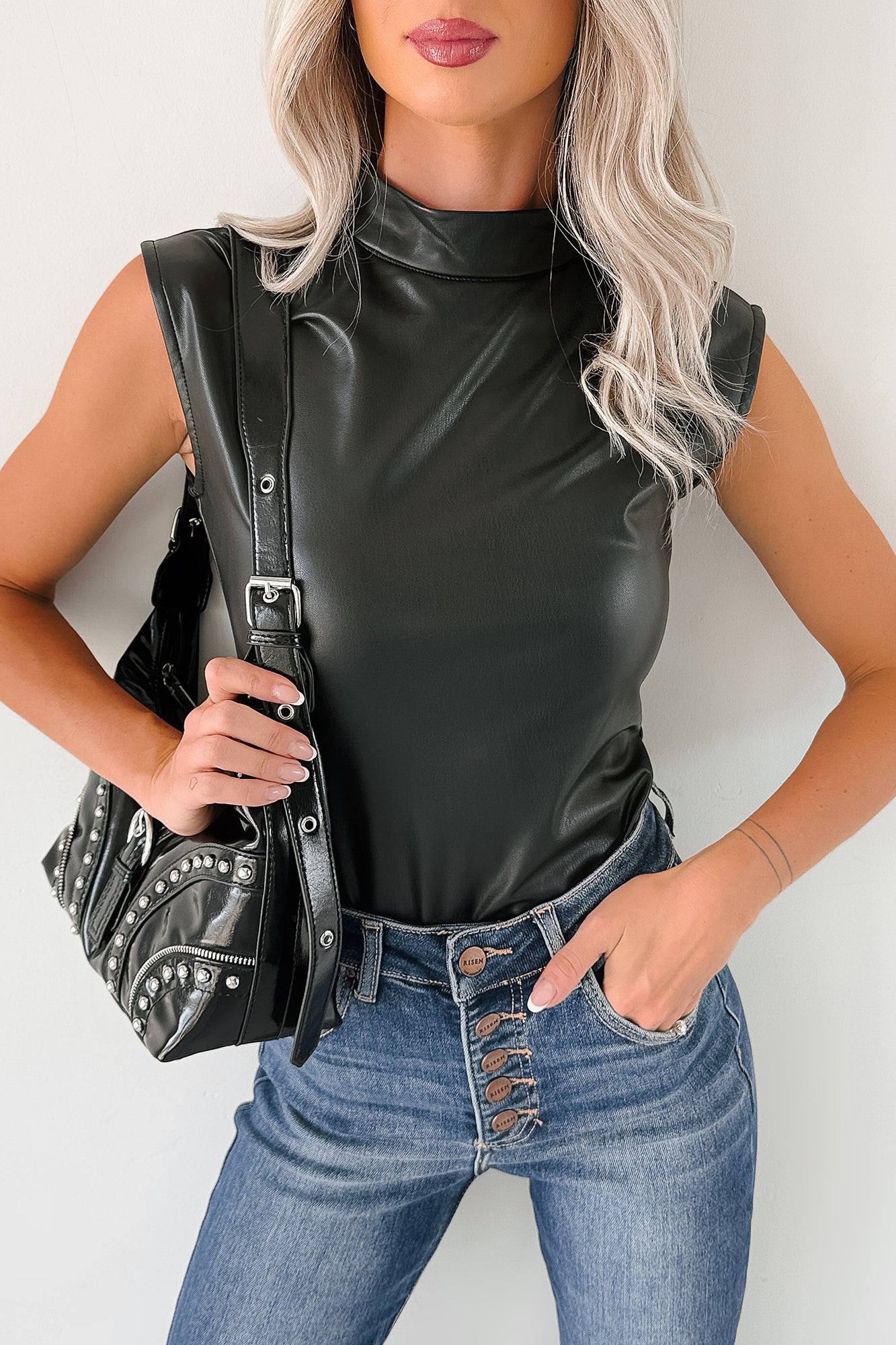 Lucid Dreaming Faux Leather Mock Neck Bodysuit (Black) - NanaMacs