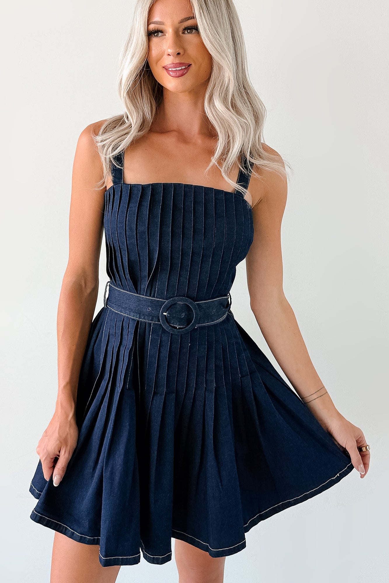 Hustle In Heels Pleated Sleeveless Mini Dress (Denim) - NanaMacs