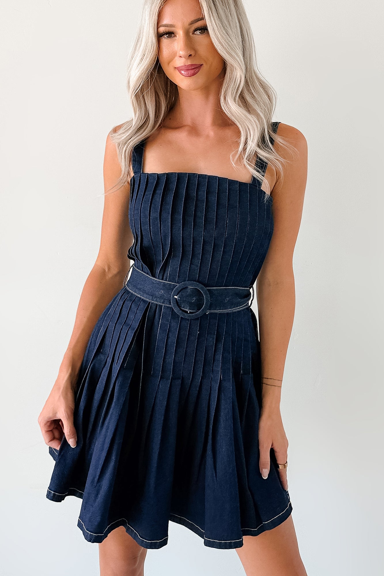 Hustle In Heels Pleated Sleeveless Mini Dress (Denim) - NanaMacs