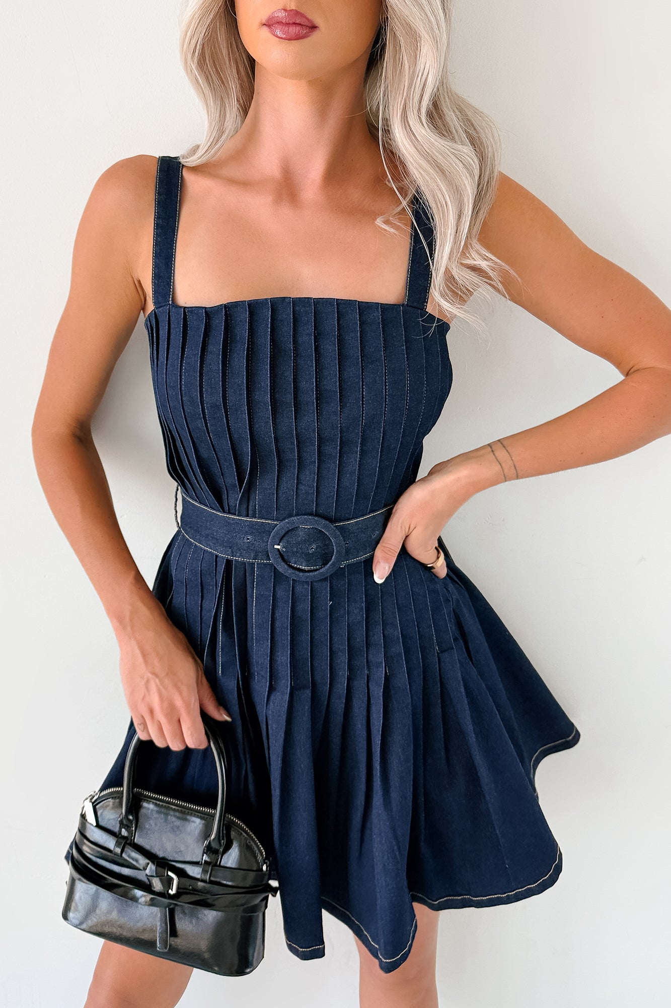 Dark Wash Denim Pleated Mini Dress with Belt Dark Wash Denim Pleated Mini Dress with Belt