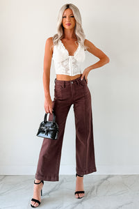 Maizie Tummy Control Wide Leg Cropped Risen Jeans (Choco Brown) - NanaMacs