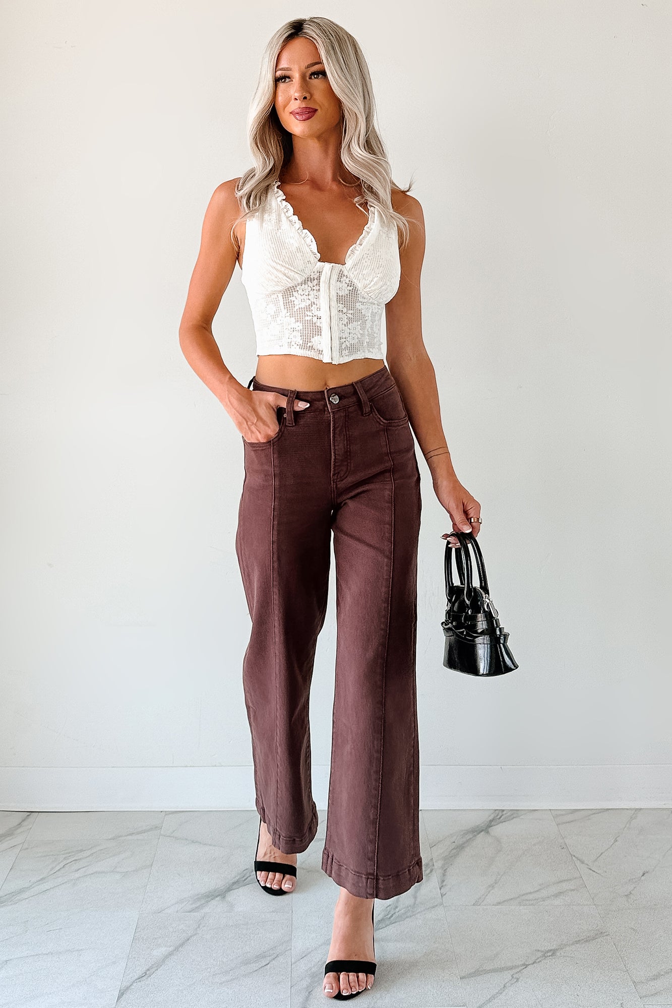 Maizie Tummy Control Wide Leg Cropped Risen Jeans (Choco Brown) - NanaMacs