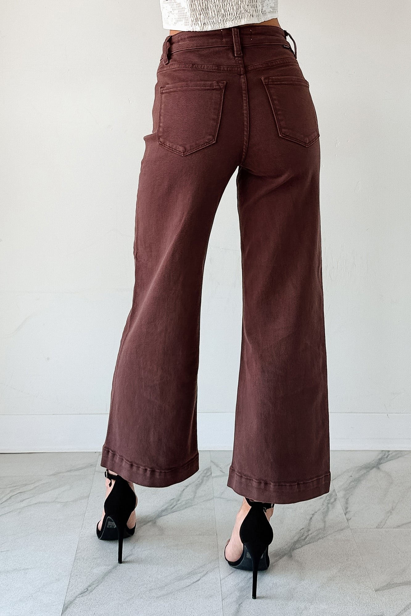 Maizie Tummy Control Wide Leg Cropped Risen Jeans (Choco Brown) - NanaMacs