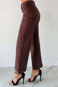 Maizie Tummy Control Wide Leg Cropped Risen Jeans (Choco Brown) - NanaMacs