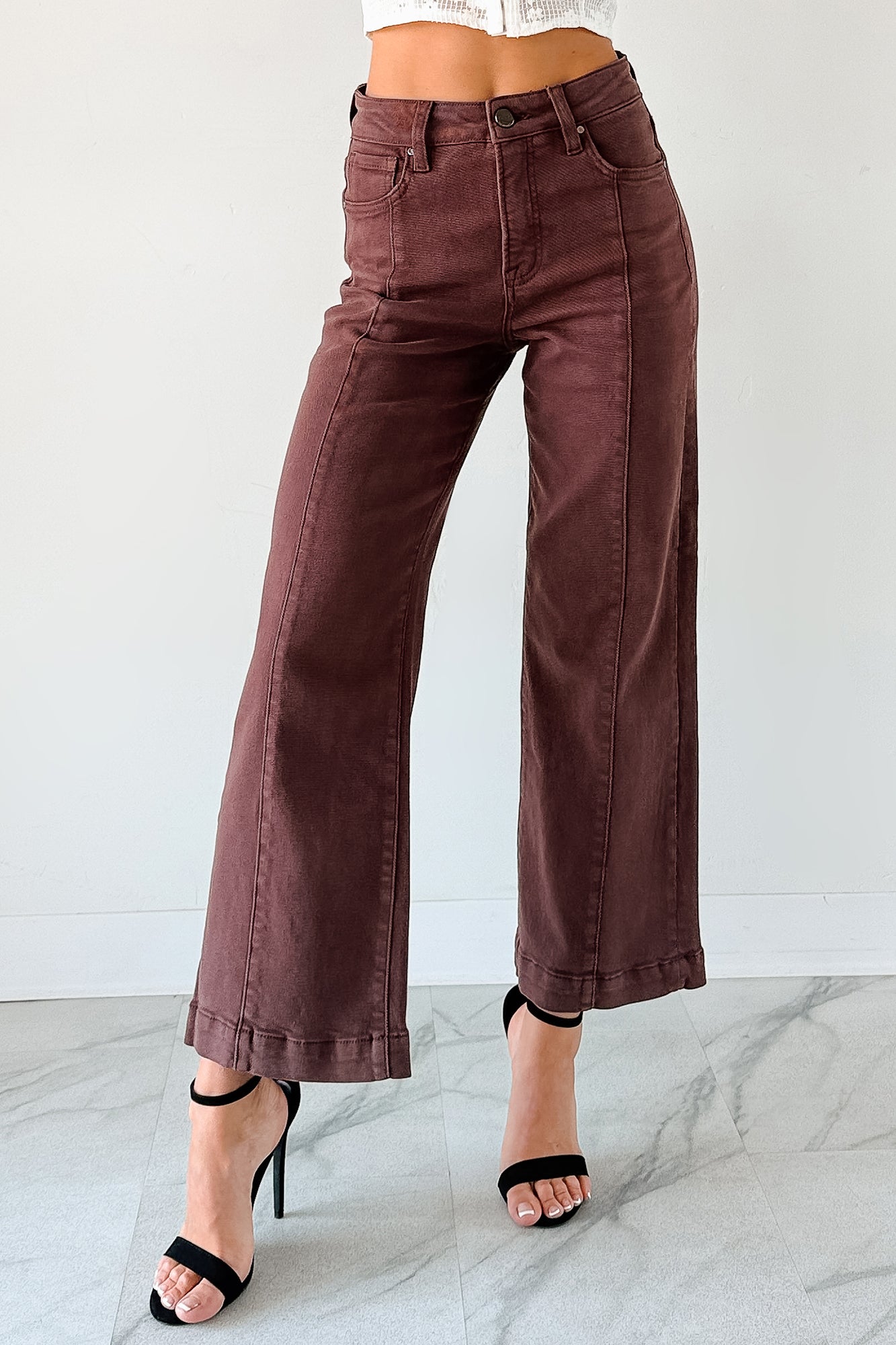 Maizie Tummy Control Wide Leg Cropped Risen Jeans (Choco Brown) - NanaMacs