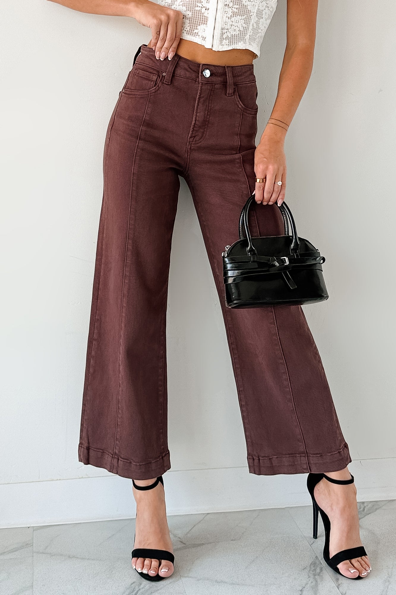 Maizie Tummy Control Wide Leg Cropped Risen Jeans (Choco Brown) - NanaMacs