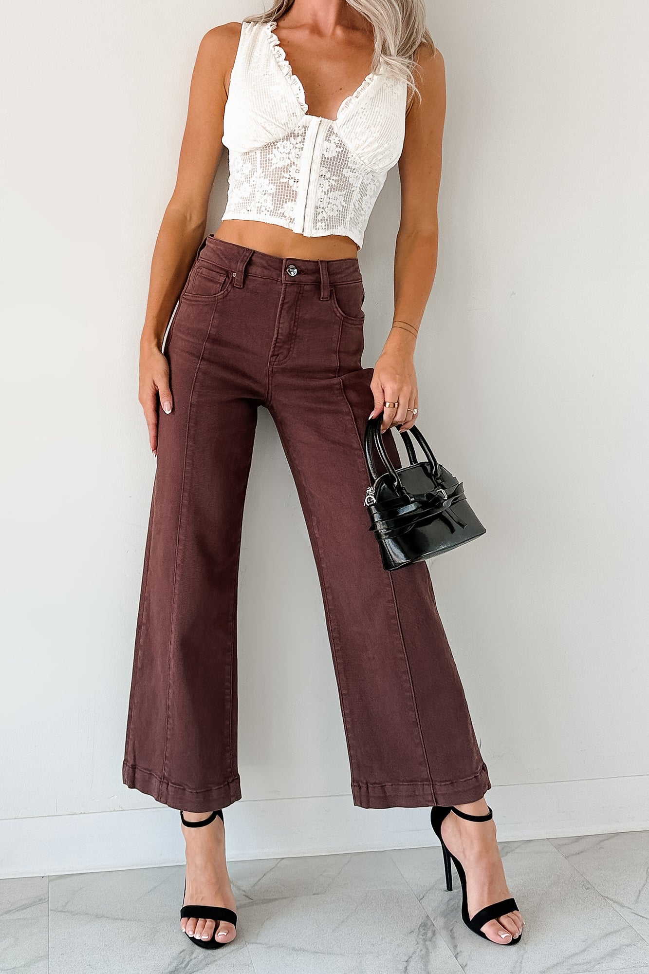 Maizie Tummy Control Wide Leg Cropped Risen Jeans (Choco Brown) - NanaMacs