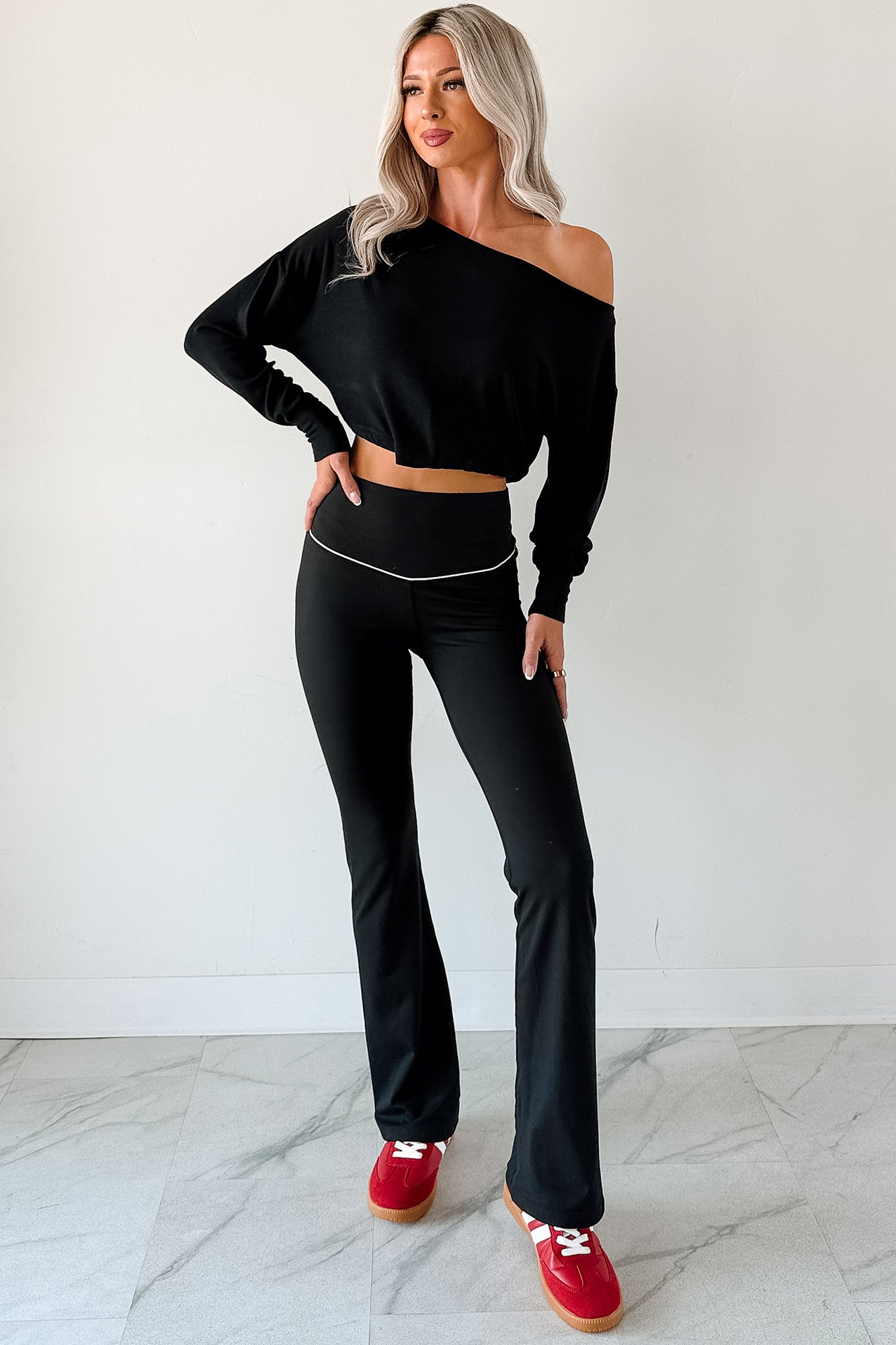 Glow Up Goals Ribbed Off The Shoulder Crop Top (Black) - NanaMacs