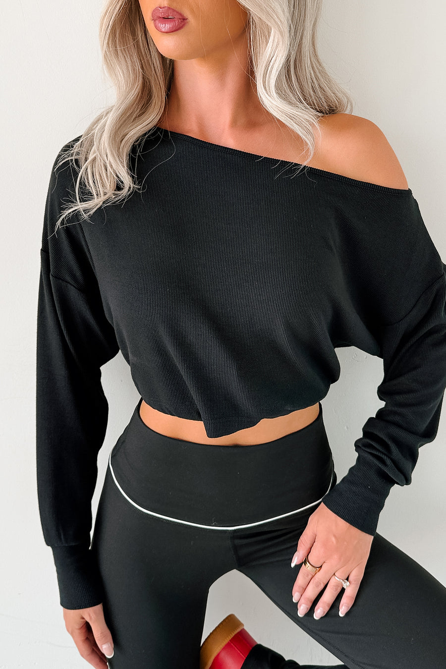 Glow Up Goals Ribbed Off The Shoulder Crop Top (Black) - NanaMacs