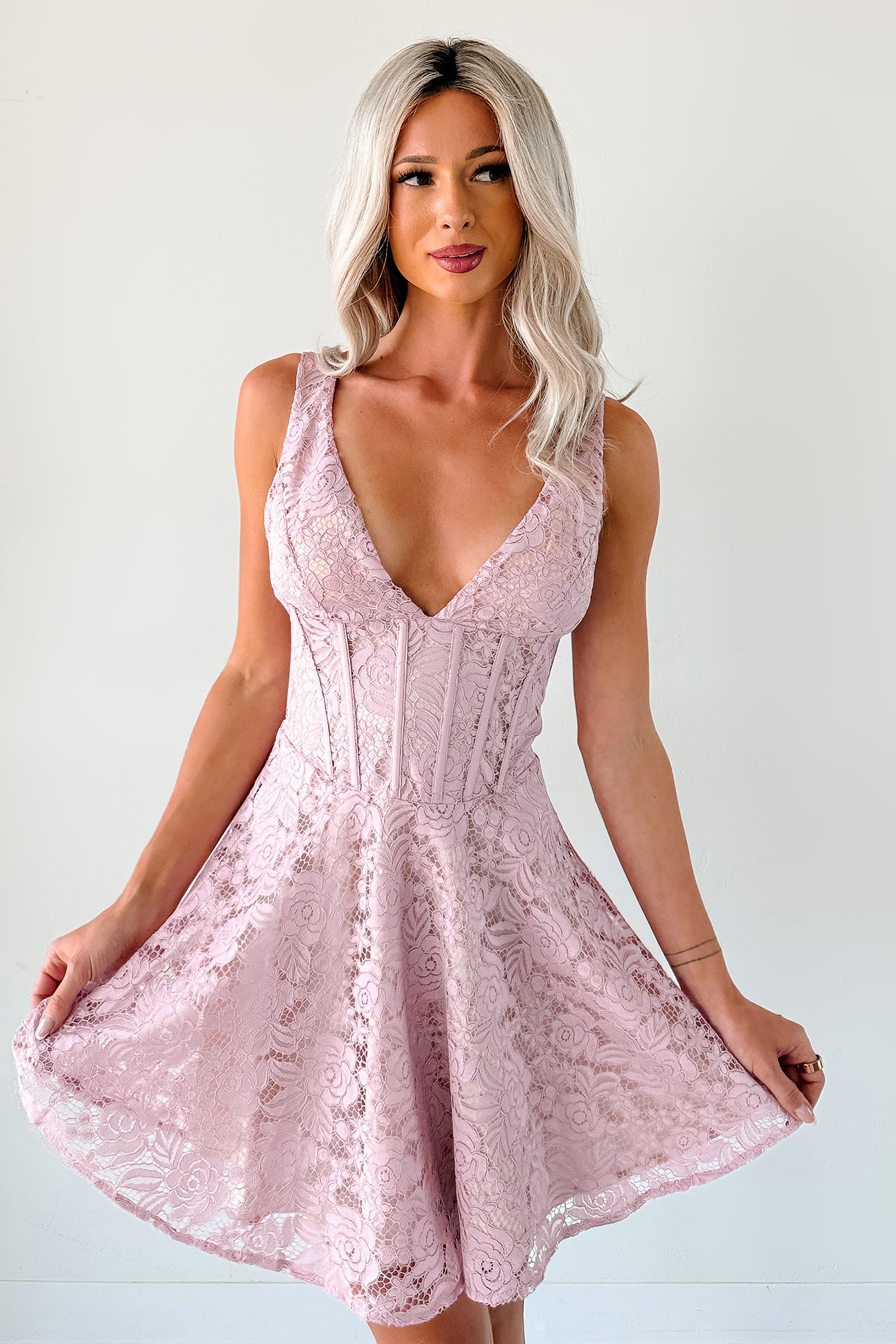 Women's Dangerously Sweet Lace Corset Style Mini Dress in Pink - Size L Women's Dangerously Sweet Lace Corset Style Mini Dress in Pink - Size L