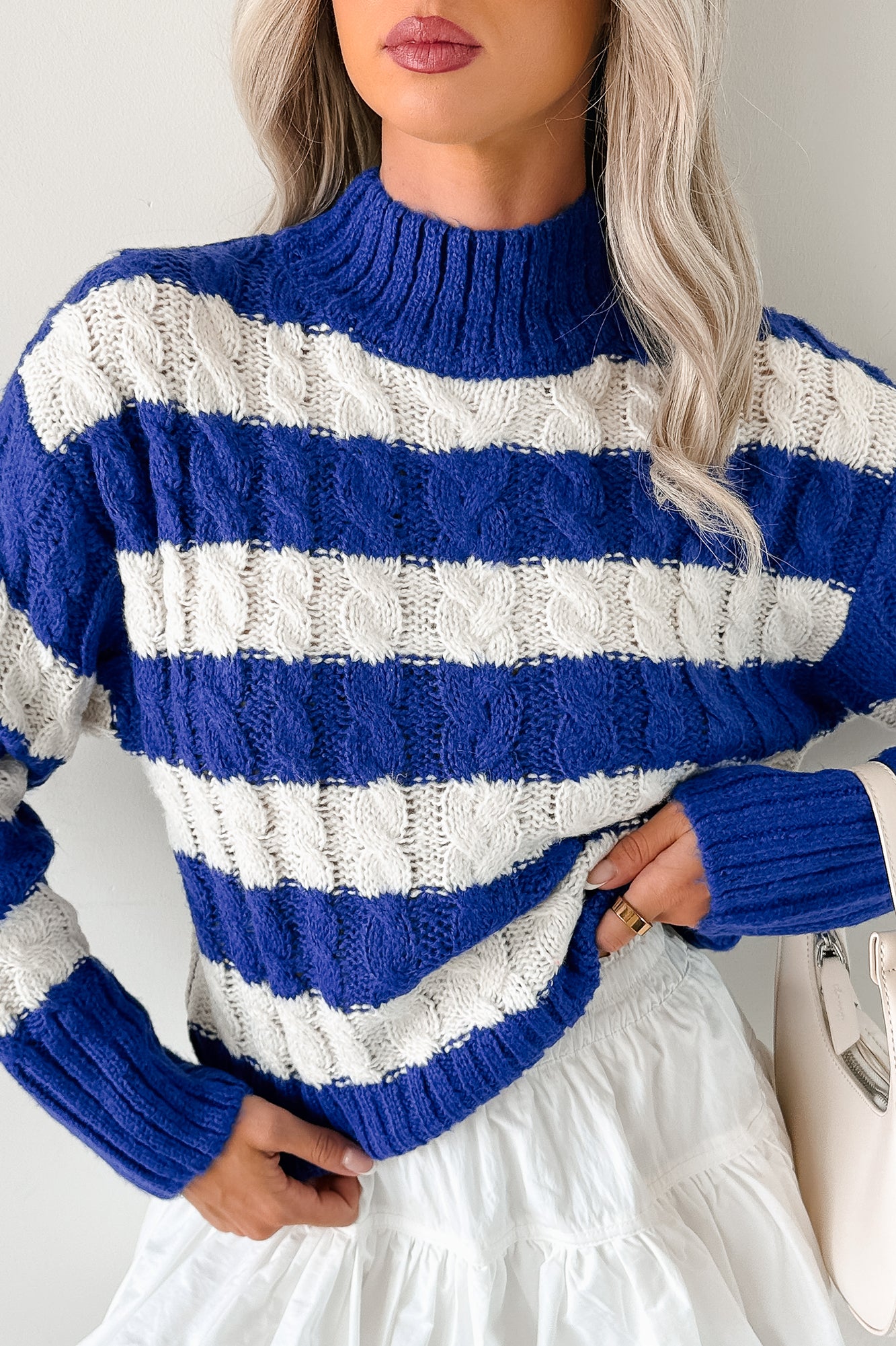 Restful Rhythm Cable Knit Striped Sweater (Royal) - NanaMacs