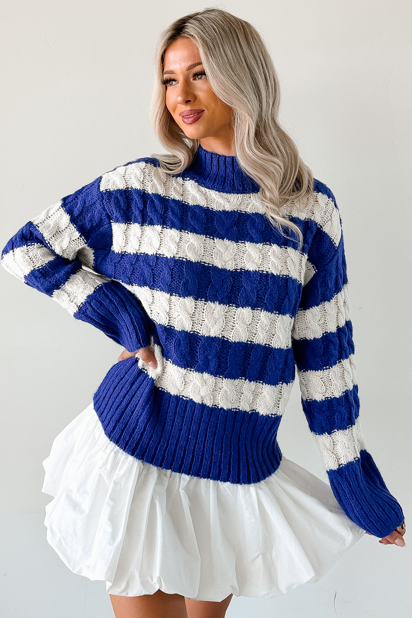 Restful Rhythm Cable Knit Striped Sweater (Royal) - NanaMacs