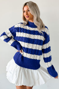 Restful Rhythm Cable Knit Striped Sweater (Royal) - NanaMacs