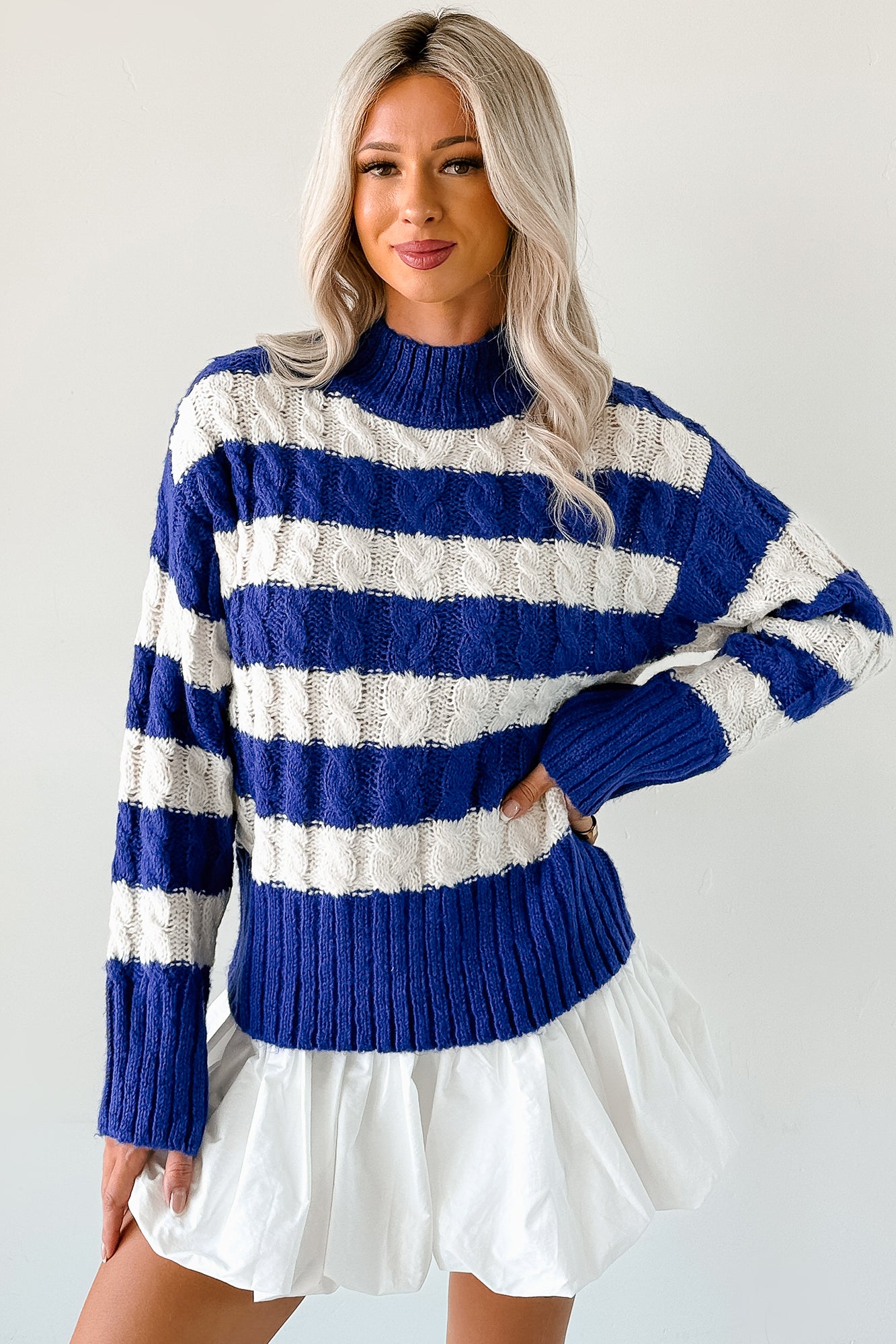 Restful Rhythm Cable Knit Striped Sweater (Royal) - NanaMacs