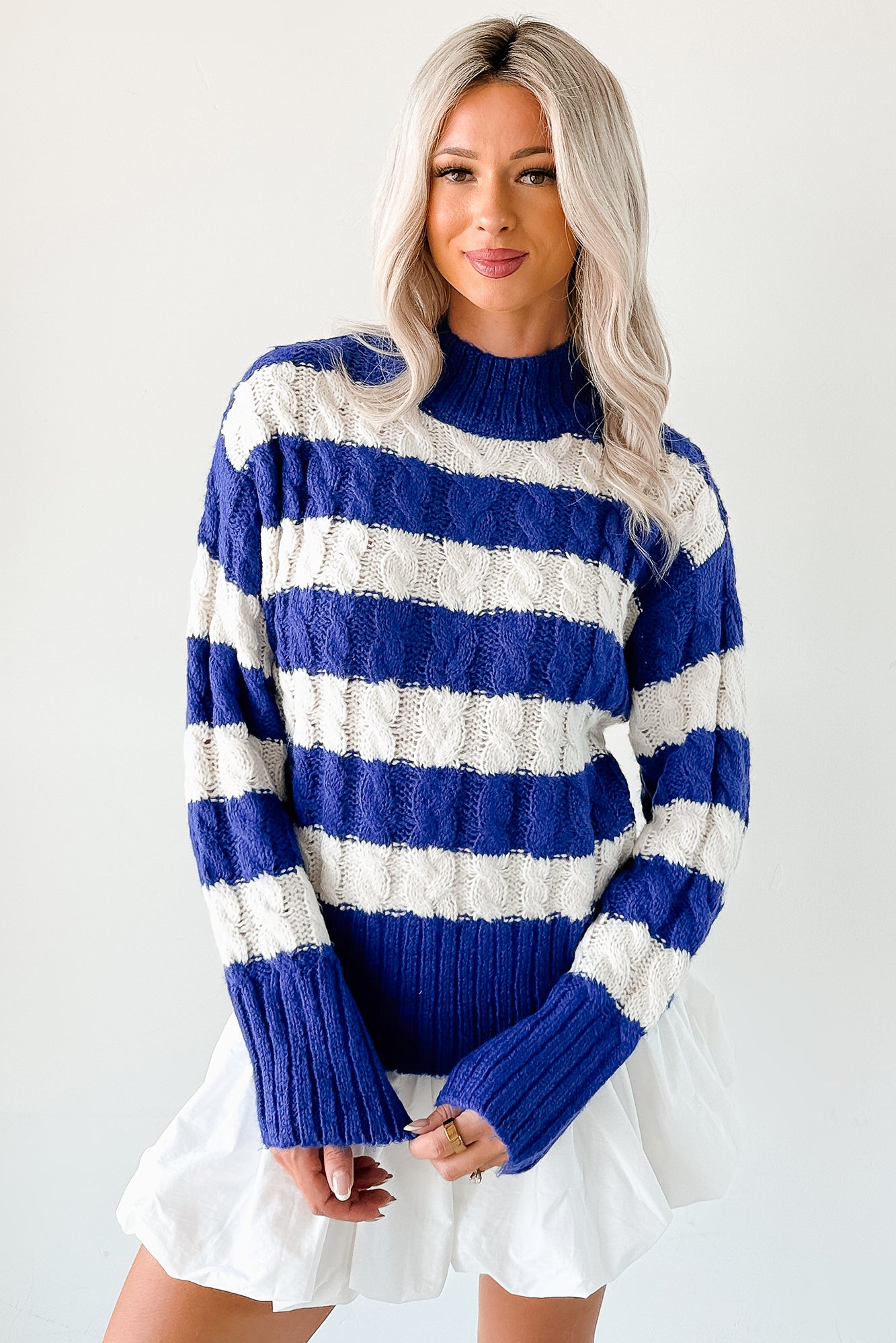 Restful Rhythm Cable Knit Striped Sweater (Royal) - NanaMacs