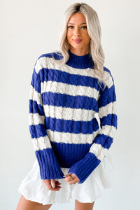 Restful Rhythm Cable Knit Striped Sweater (Royal) - NanaMacs